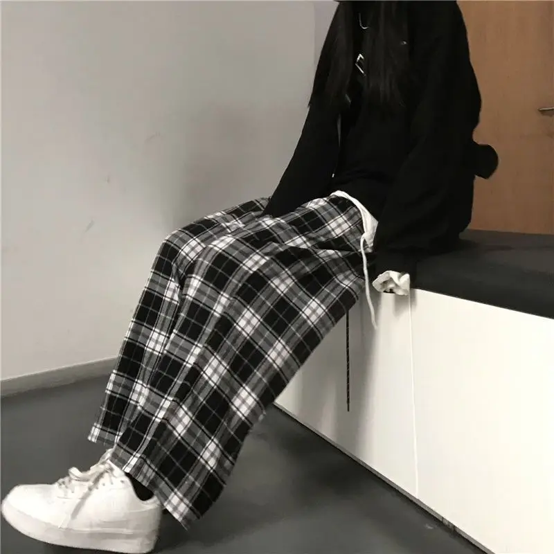 Black and White Plaid Pants Oversize Summer Women Casual Loose Wide Leg Trousers Ins Retro Teen Straight Pants Hiphop Streetwear