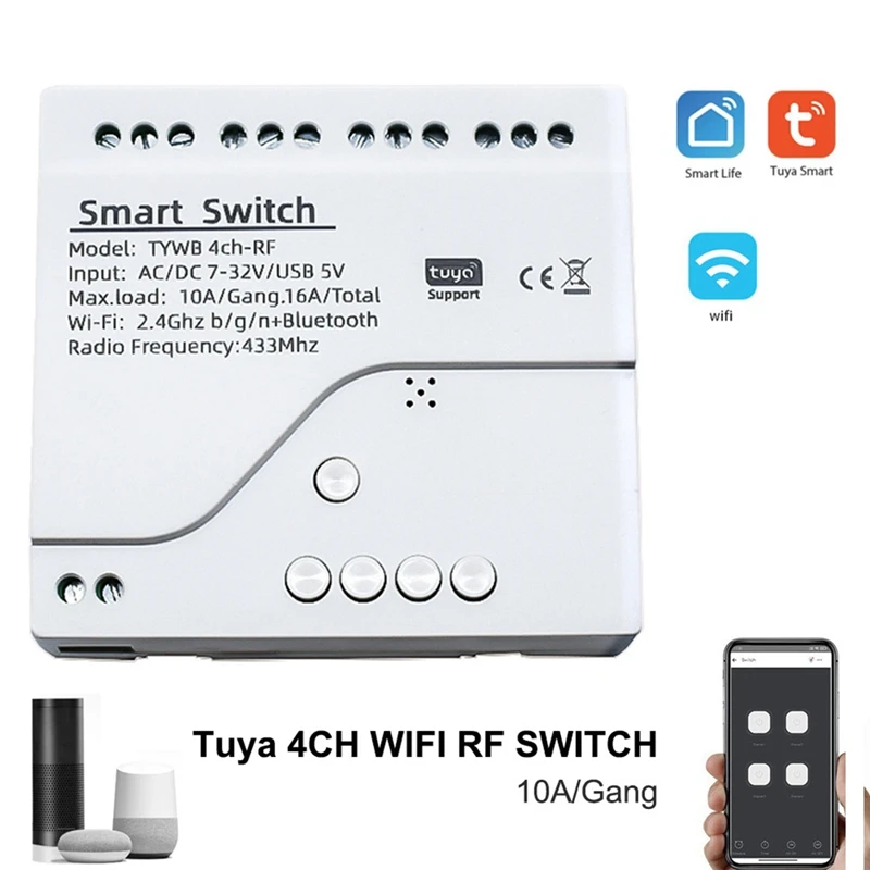 Tuya Smart Switch Wifi DIY Timer+Remote AC/DC 7-32V 4CH RF Smartlife Home Automation Module For Alexa Google Home Replacement