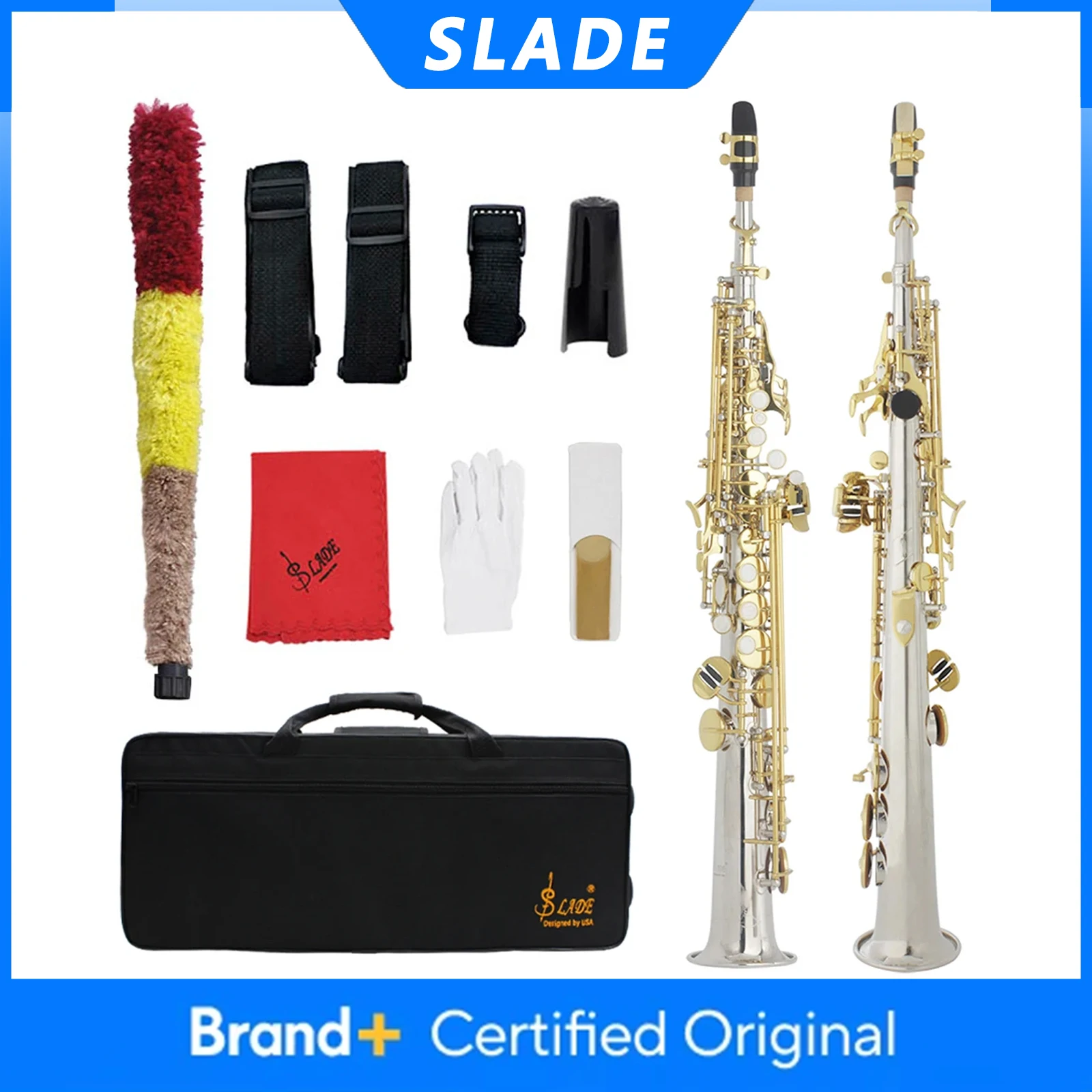 SLADE S81 Soprano Saxophone Bb Brass Body Silver Gold Key Straight Sax Woowind Instrument Saxfone with Case Reeds Accessories