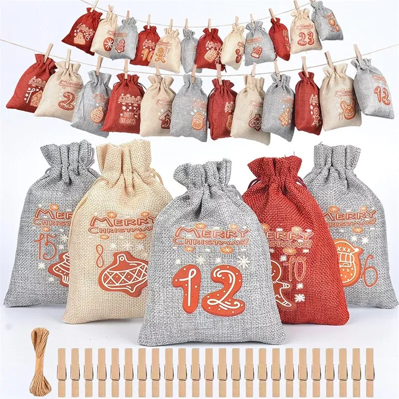 Multi-Color Gift Bags Eco-Friendly Reusable Hanging Countdown Bags Handmade Christmas Bags For Home Decor New Year 2025