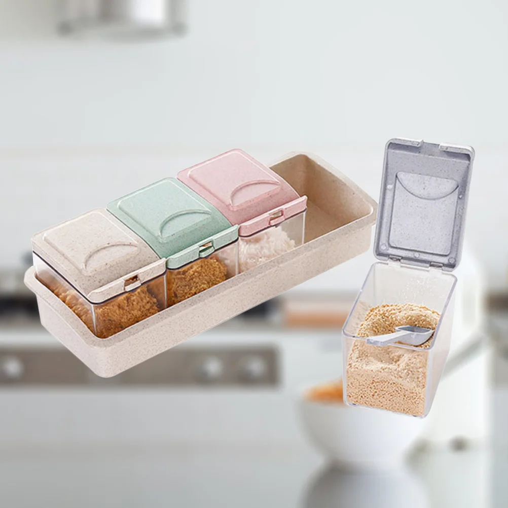 

4-Compartment Wheat Straw Seasoning Storage Box Eco Friendly Spice Container Salt Sugar Condiment Jar Kitchen Organizer
