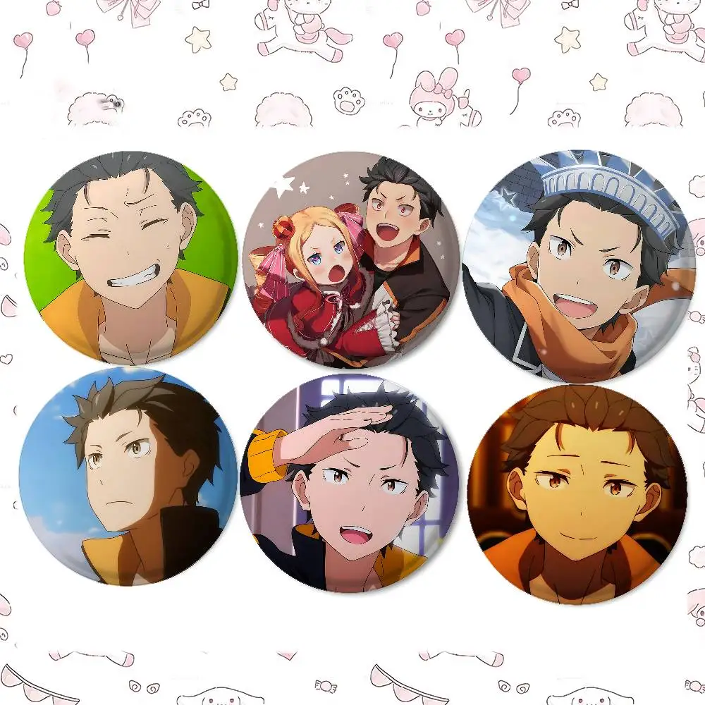 Anime Cartoon Subaru Natsuki Badges Peripheral Lapel Pins Tinplate Round Brooch For Shoulder Bag Accessories Souvenir Gifts