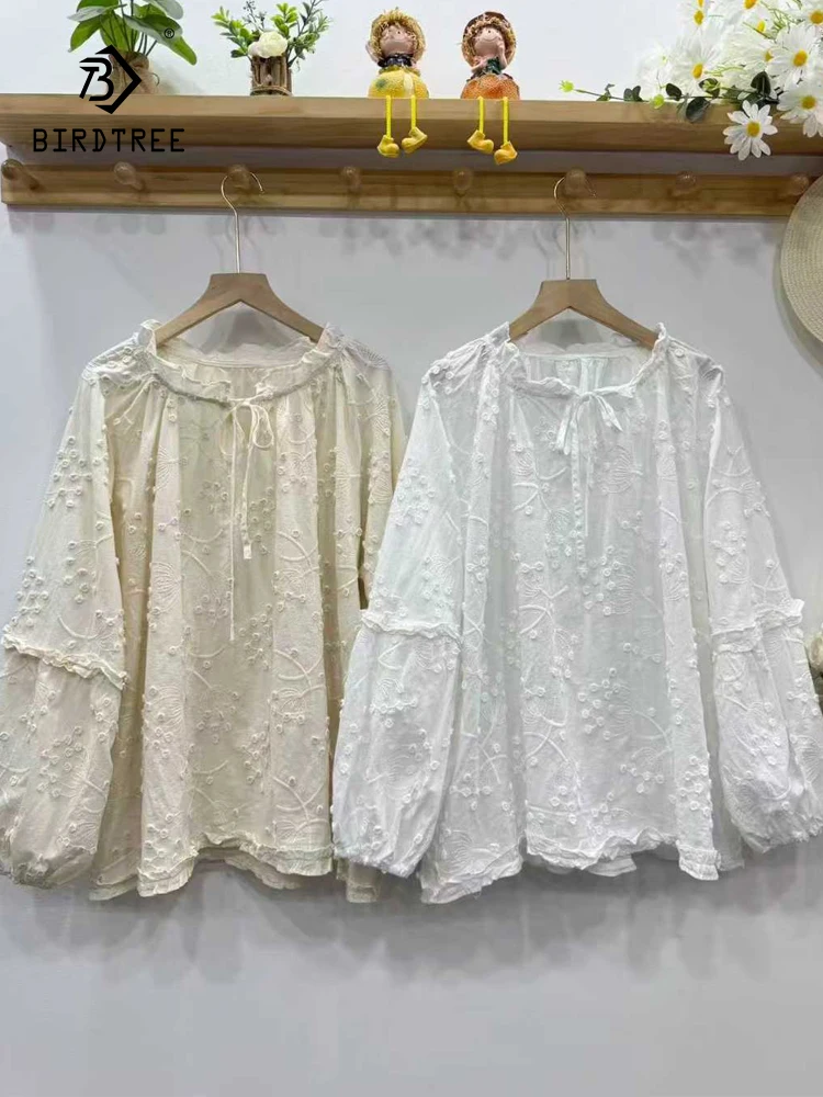 

Новинка 2025, осенняя хлопковая рубашка с длинными рукавами, женская рубашка с оборками и вышивкой, милая свободная блузка Mori Girl French OL Retro T59546CC