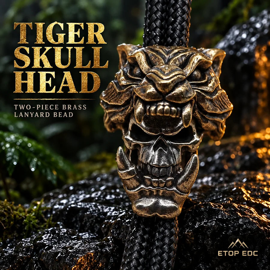Tiger Skull Head Brass EDC Paracord Bead Knife Lanyard Pendant for Woven Bracelets Keychains Backpack Outdoor Accessories