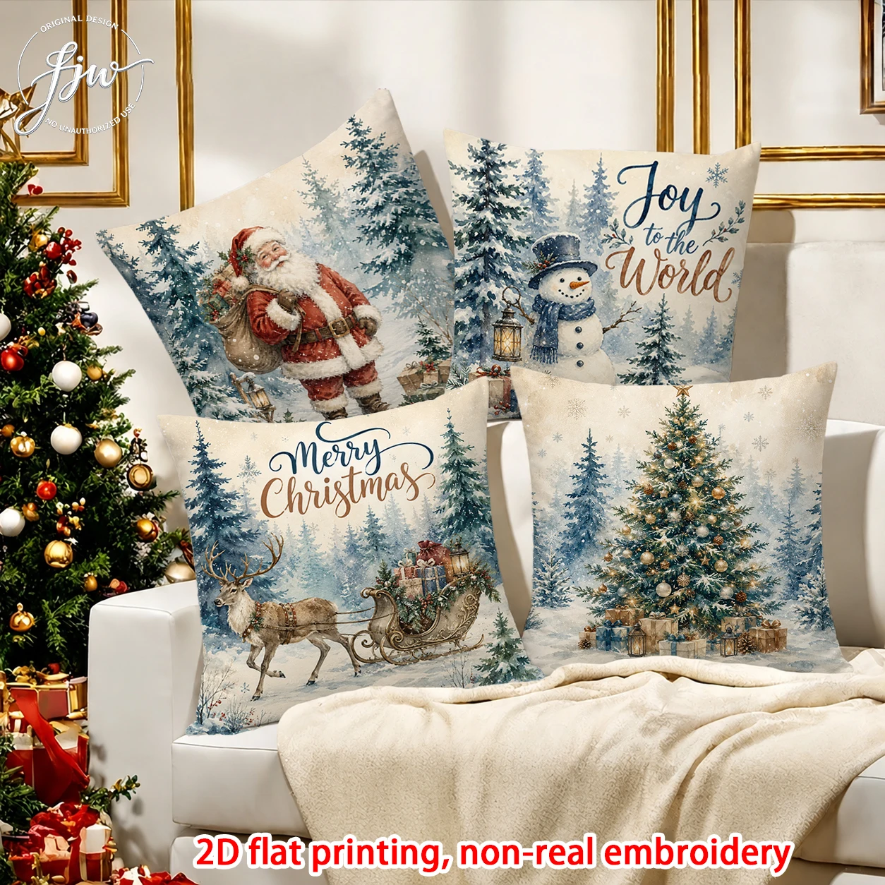4pcs Christmas Throw Pillow Covers 4PCS Vintage Xmas Santa Snowman Reindeer Holiday Decorative Cushion Cases for Sofa Couch Bed