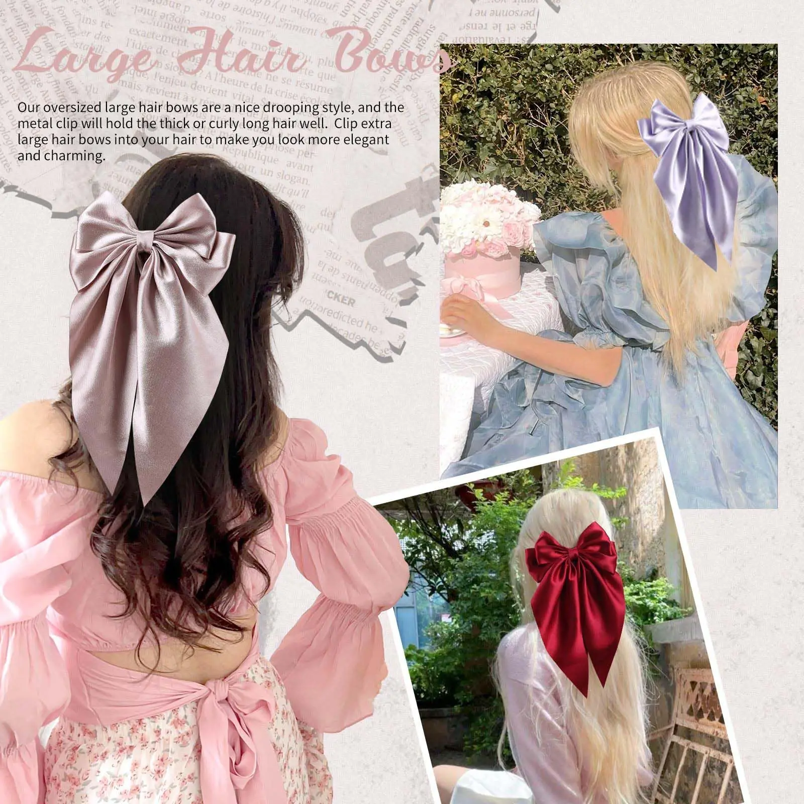 6.5inch 8pc Set of Women\'s Large Satin Layered Hair Bows Large Hair Clip Girls Hair Clips Long Ribbon Bow Hair Accessories