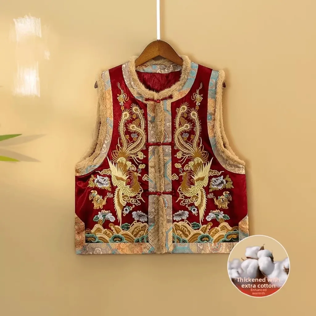 

Новая китайская женская вышитая жилетка 2026 года, весенне-осенняя верхняя одежда в стиле ретро, на пуговицах, традиционная модная модель с круглым вырезом, утепленная