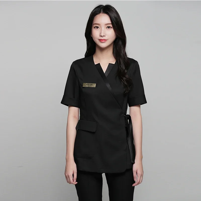 Spa Beauty Salon Short Sleeve Uniform Elastic Breathable Solid Health Club Women Work Clothing Fashion Slim Fit Suit