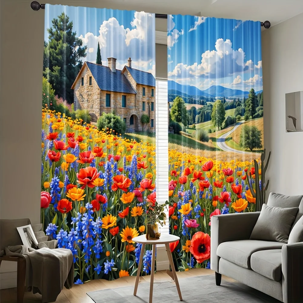 Garden cottage pattern printed curtains, pole-mounted installation. Suitable for living rooms, bedrooms, dining rooms and hotels
