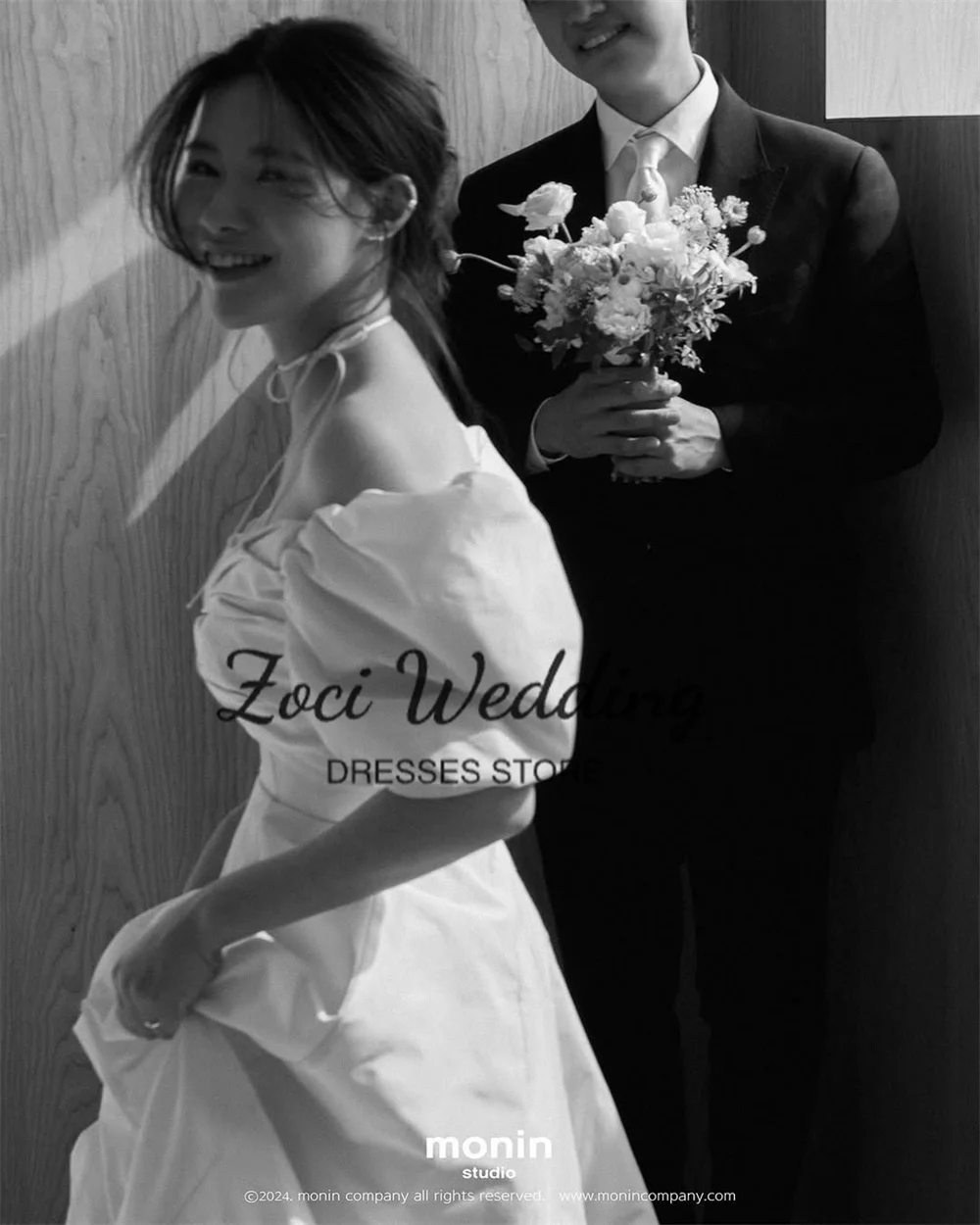 Zoci V Neck Off Shoulder Korea A Line Wedding Dresses Short Puff Sleeve Customized Photos Shoot Backless Sweep Train Bridal Gown