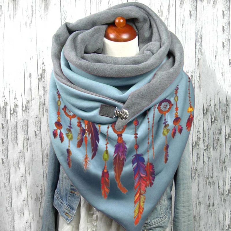 Bufanda con Clip de plumas coloridas para mujer, bufanda con estampado 3D en toda la prenda, chal cálido
