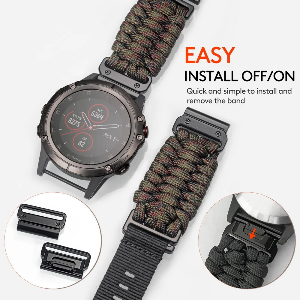 HEMSUT Watch Band For Garmin Quickfit 22/26mm Nylon Braid 550 Paracord Wrist Straps Compatibilty Tactix Marq Instinct