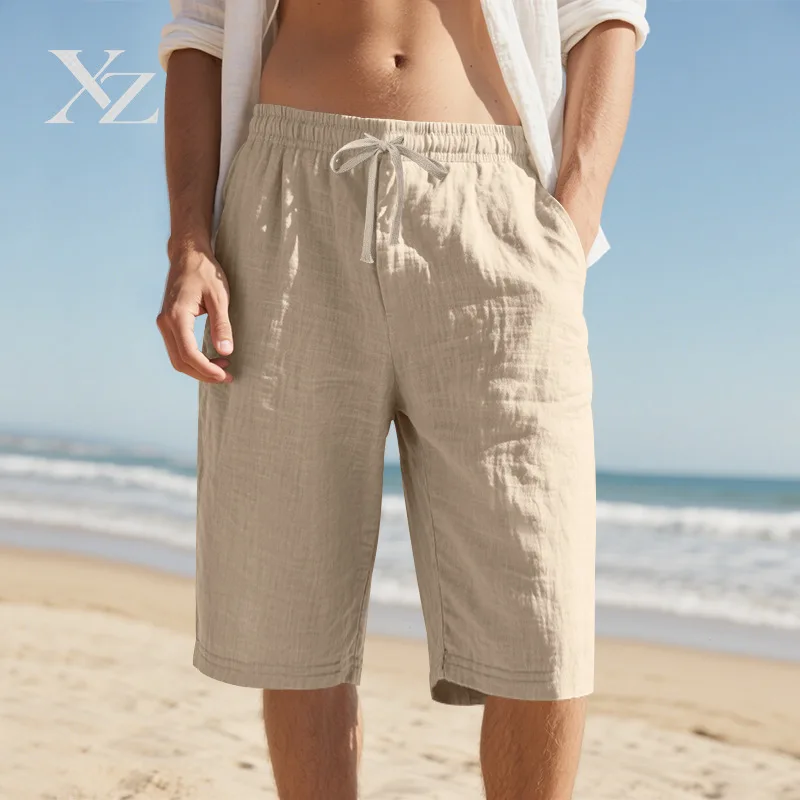 Summer Leg Waist Solid Points Breathable Men Beach Shorts Linen Seven Drawstring Daily Straight Casual Trousers