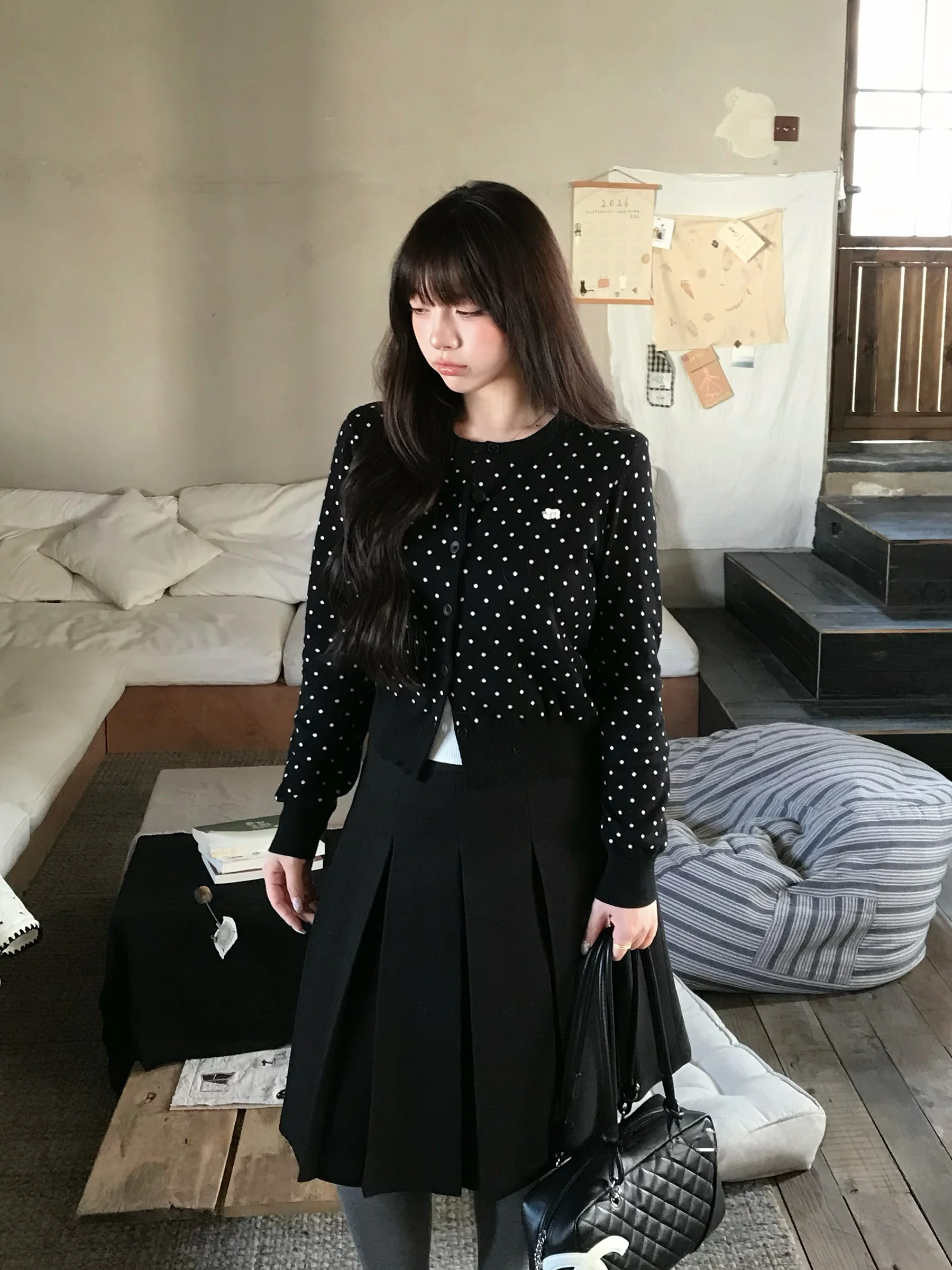 

Ulovely Island Bubble Vintage round Neck Polka Dot Knitted Open Cardigan plus Size Sweater Cotton Long Sleeve Women's Fashion