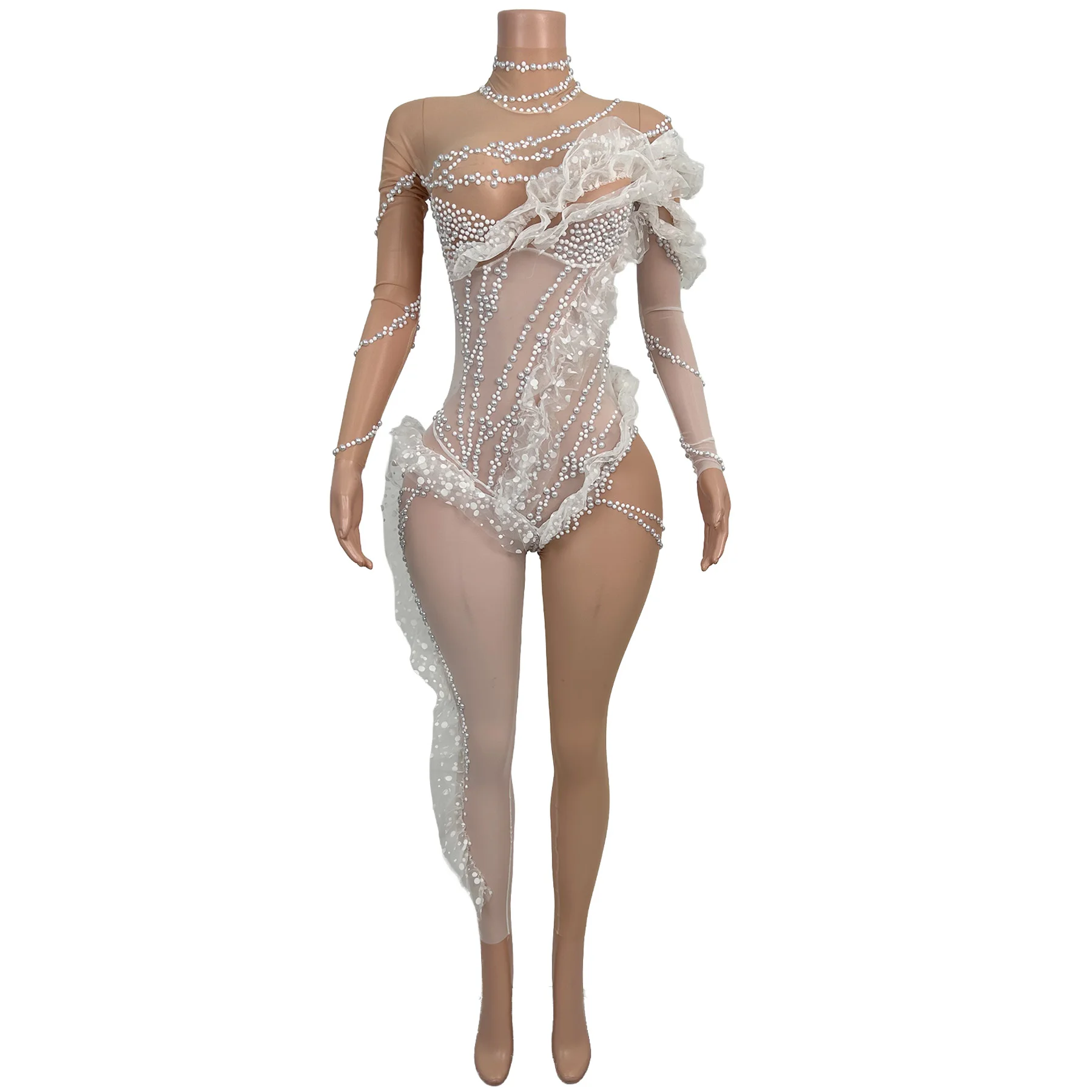 Lengyue White Rhinestone Ruffle Mesh Bodysuit Asymmetrical Long Sleeve Women Singer Stage Performance Dance Costume