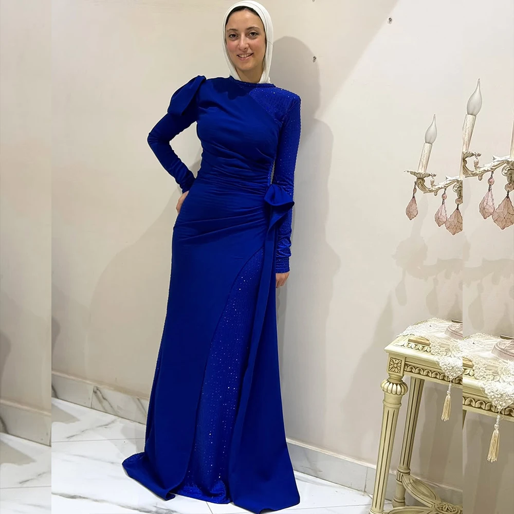 럭셔리 이슬람 이브닝 드레스 오-넥 긴 소매 공식 댄스 파티 드레스 플리츠 스팽글 블루 웨딩 게스트 파티 가운 맞춤형