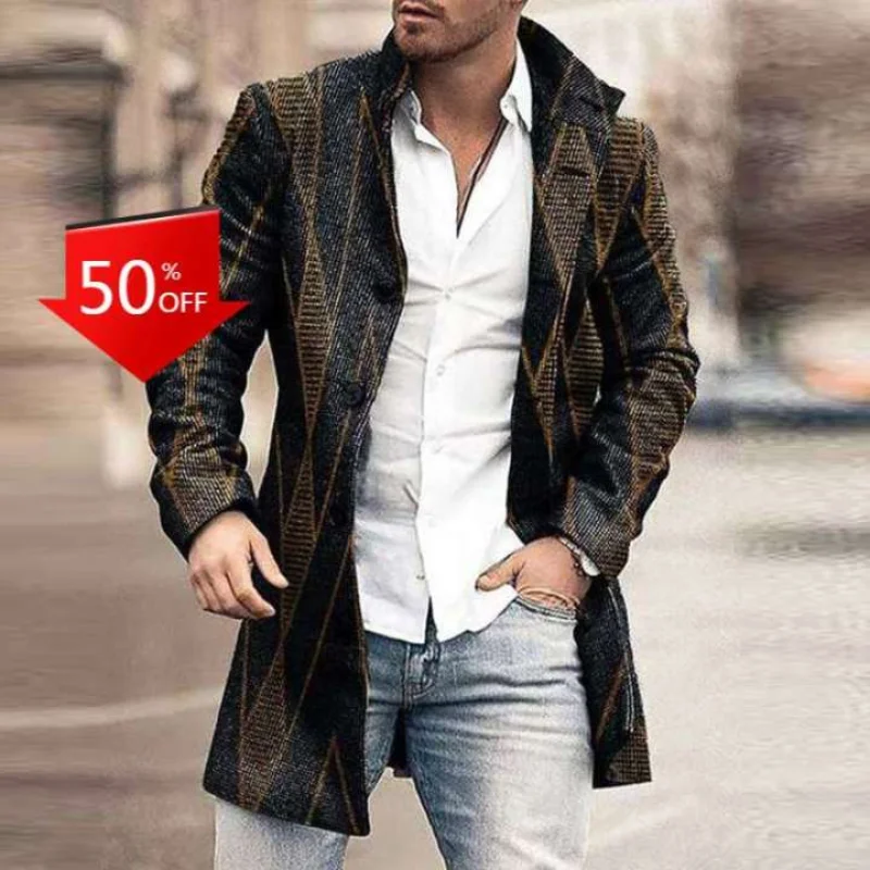 

Retro Houndstooth Print Splicing Woolen Coat Men Casual Turn-down Collar Button Jacket Autumn Winter Pocket Long Windbreaker Man