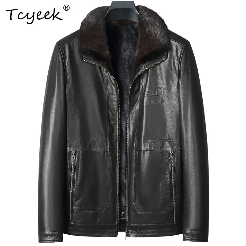 

Tcyeek Goatskin Autumn Winter Trendy Laple Mink Inner Liner Solid Color Men's Genuine Leather Jacket Jaquetas Masculino 가죽자켓