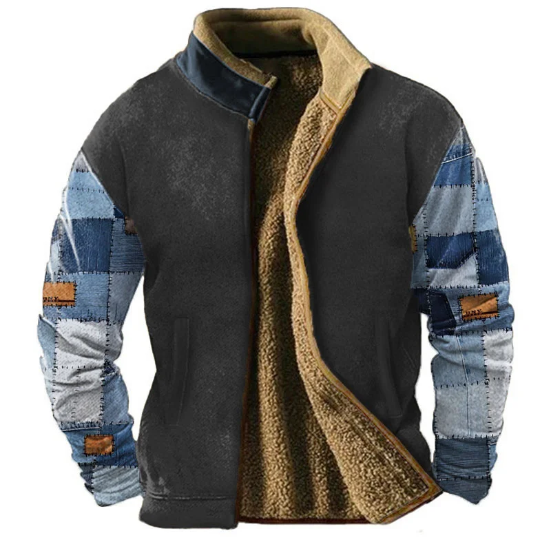 

Winter chain stand up collar sweater with color blocked irregular pattern men's casual cardigan, thick and warm wool, no hat 3D