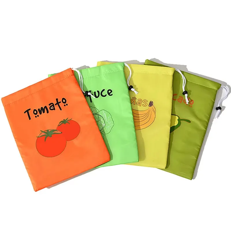 Fruit Vegetable Drawstring Storage Bag Reusable Polyester Produce Pouch Home Kitchen Organizer Sack