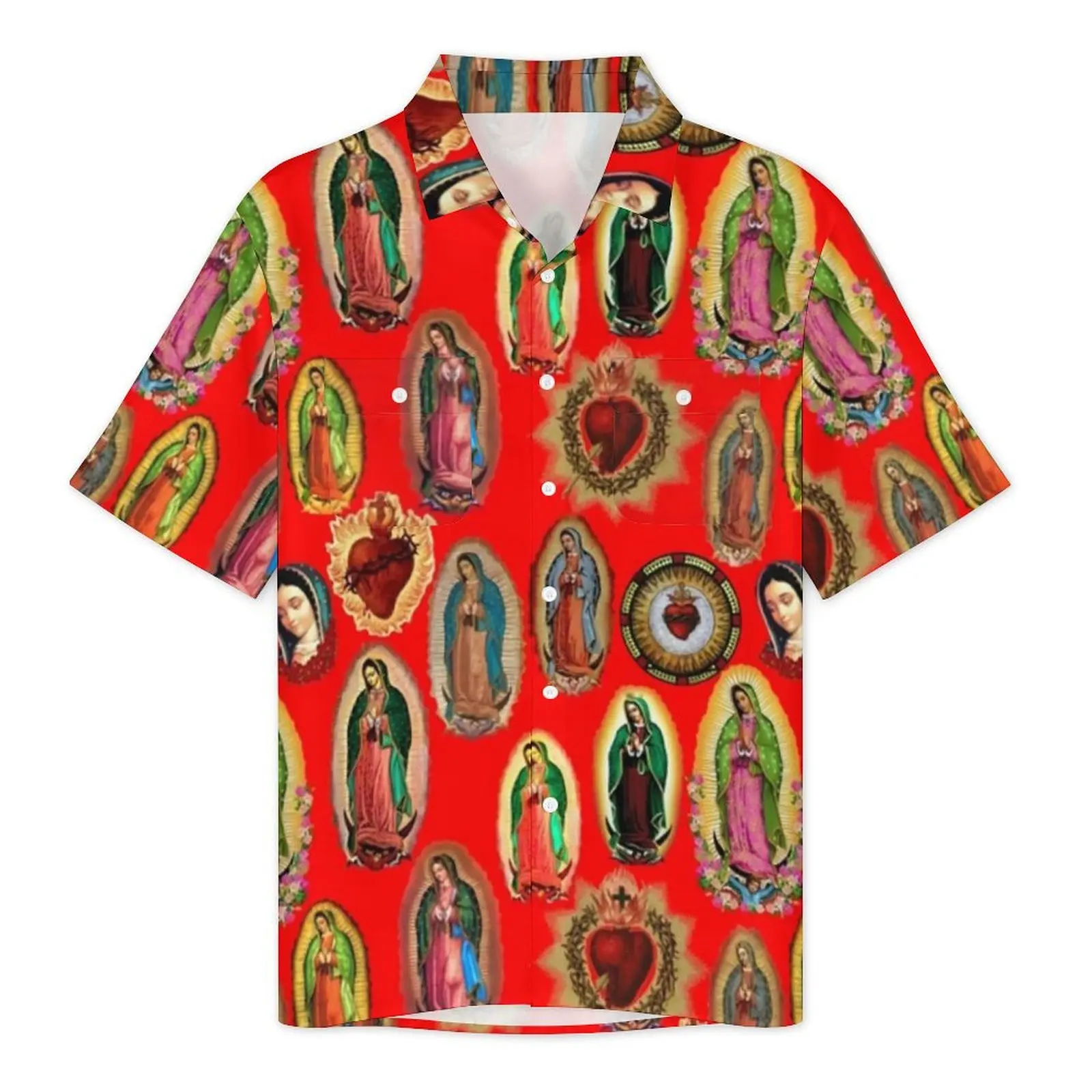 Virgin Mary Hawaii Shirt For Men Vacation Our Lady of Guadalupe Print Casual Shirts Short-Sleeve Design Elegant Oversize Blouses