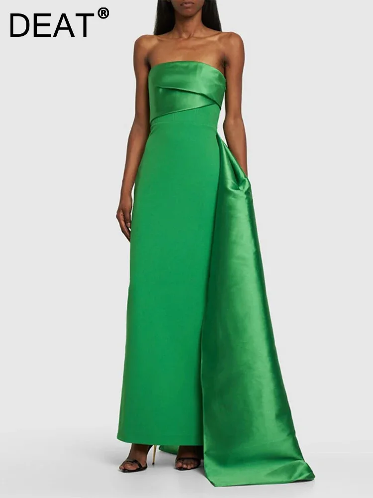 

DEAT Elegant Dress Satin Patchwork Strapless Ribbon High Waist Women's Customized Evening Dresses 2024 Summer New Fashion 35Z373
