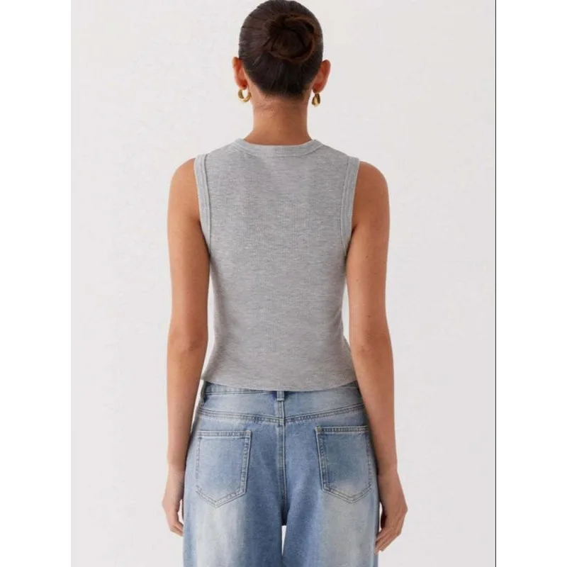 Плюс размер Новые женские топы на пуговицах спереди Повседневные топы с круглым вырезом без рукавов Slim Fit Жилет Модные женские вязаные укороченные топы в рубчик