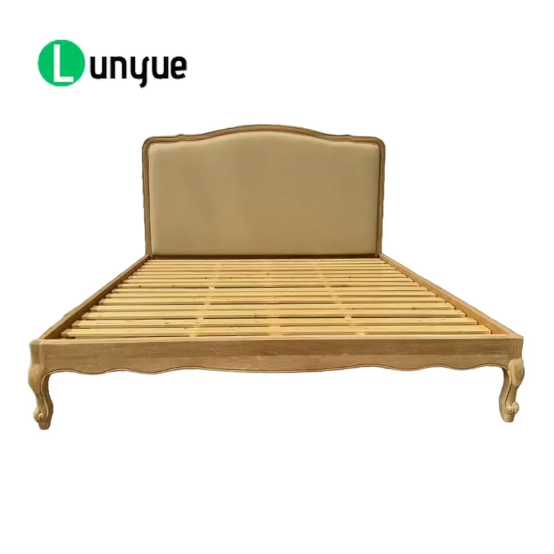 Deluxe French Style Tufted Linen Upholstered Headboard Solid Oak Frame Double Bed Bedroom Furniture Elegant Design