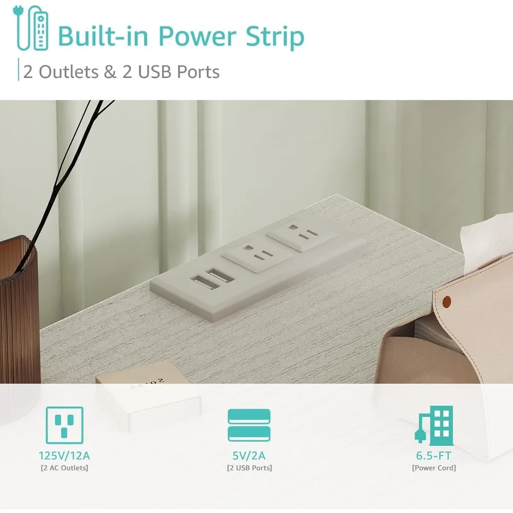 여자아이 침실 화장대용 화이트 화장대 세트(의자, 패브릭 서랍, USB 포트 포함)