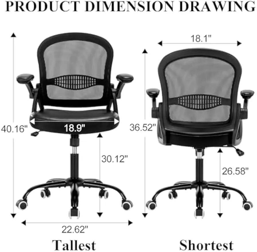 Ergonomic Mesh Office Chair Black Adjustable Breathable with Flip-up Armrests- Rolling Swivel Desk Chair for Home and Office Use