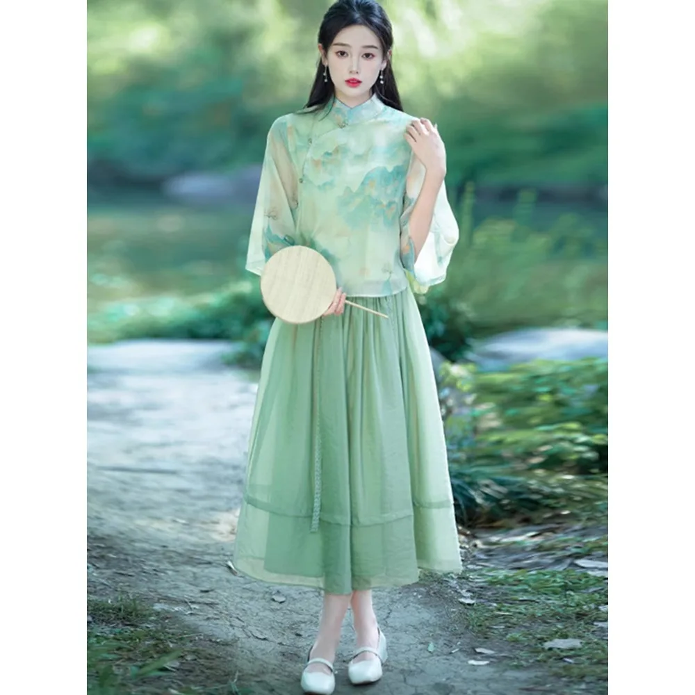 Groene Hanfu Set Vrouwelijke Zomer Chinese Stijl Thee Kunst Kleding Zen Vrouwen Jurk Verbeterde Cheongsam Tweedelige Jurk Tang Pak Set