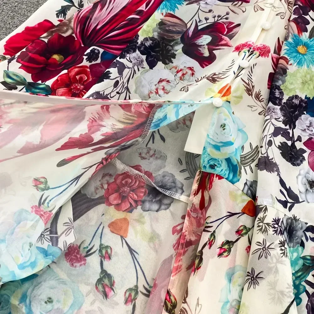 ผู้หญิงฤดูร้อนวินเทจ Vestidos ดอกไม้พิมพ์ Elegant ชุดเดรสแขนกุด A-Line เอวสูง V คอ Beach Holiday Party Dress