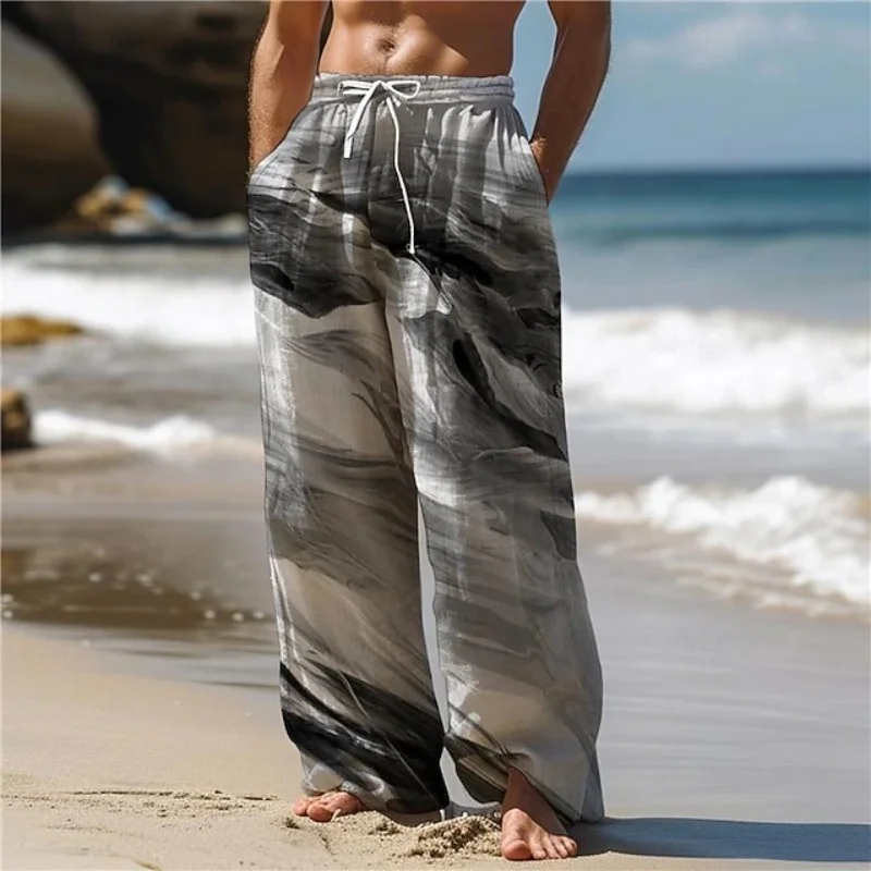 2025 جديد الرجال الصيف الرباط سراويل تقليدية ثلاثية الأبعاد التدرج شريط عطلة الشاطئ مستقيم الساق السراويل أنيق الرجال بناطيل الشواطئ #3