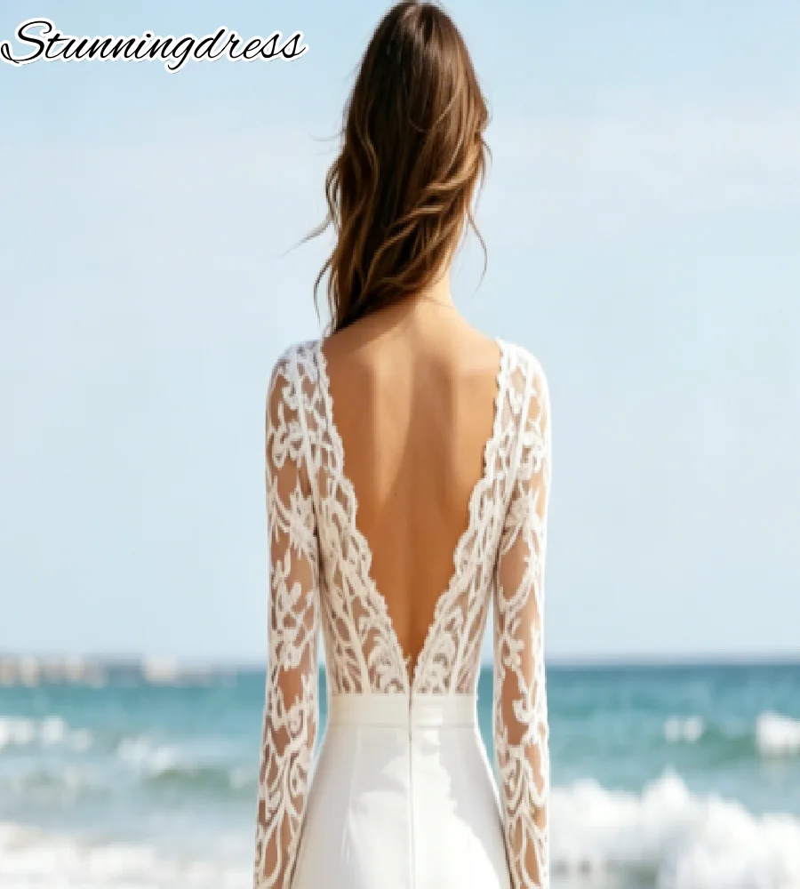 Boho Beach Registry Wedding Pantsuit Bridal Deep V Neck  Lace Long Sleeve Beach Civil Elopement Bride Outfit Overskirt Train