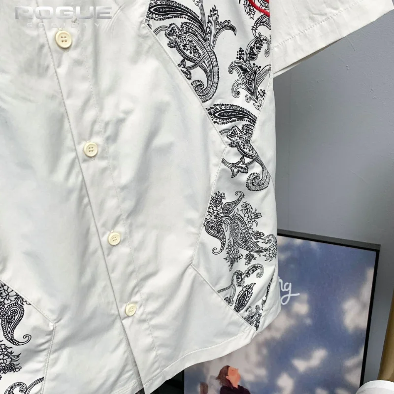American Streetwear Paisley Embroidery Harajuku Letter Print Loose Men Shirt Turn Down Collar Summer Casual HipHop Button Unisex