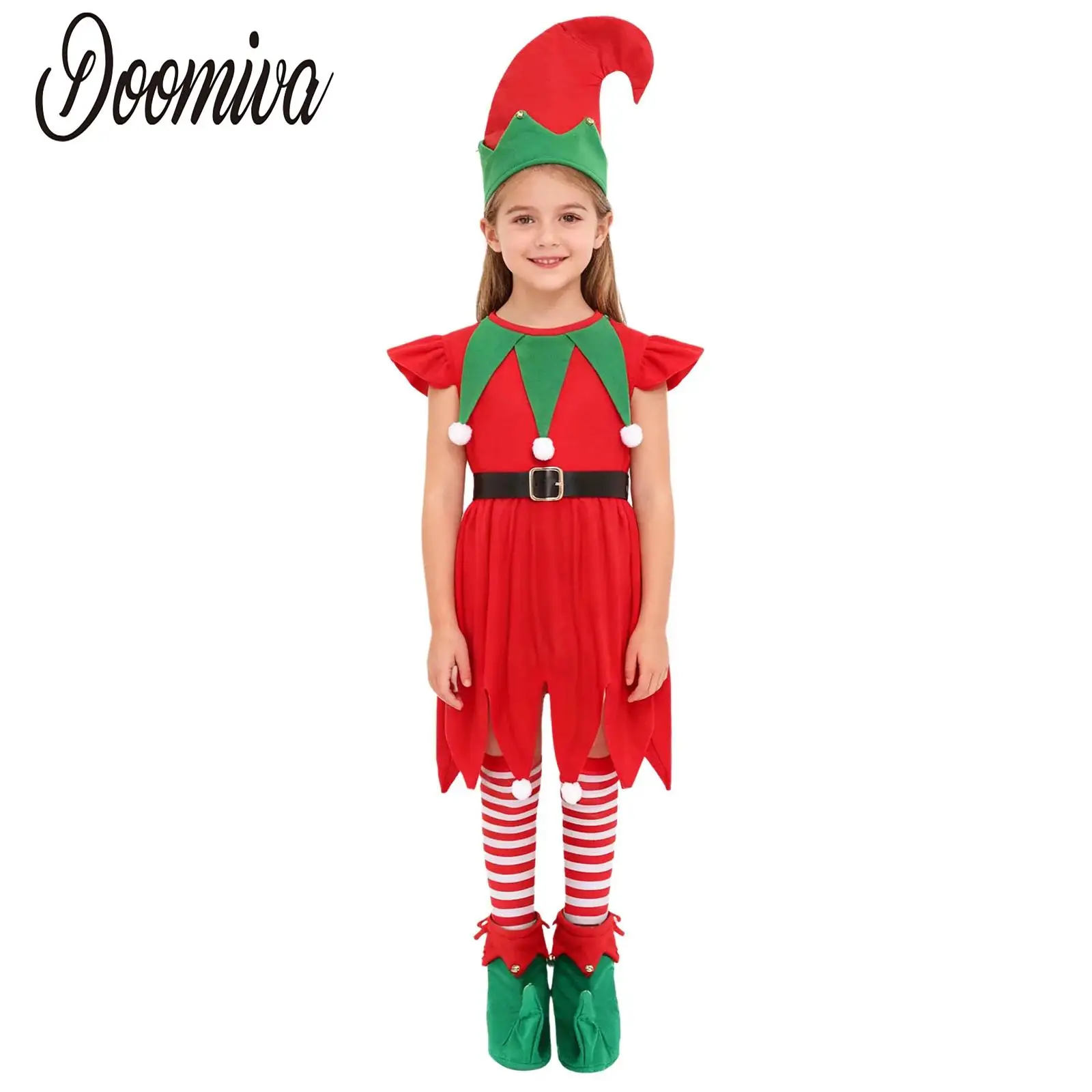 

Girls Christmas Elf Costume Set Santa Helper Dress Fly Sleeve Jagged Hem Dress with Belt Socks Hat Shoes Girl Xmas Elf Dress-up