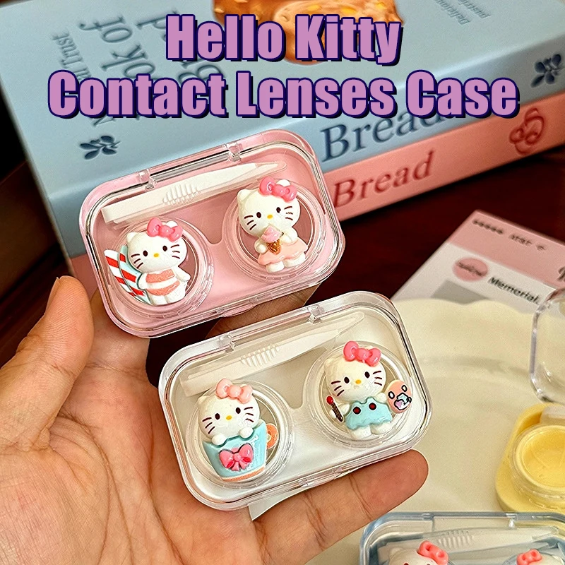 Sanrio Kawaii Hello Kitty Contact Lenses Case Beauty Pupil Storage Box Portable Cosmetic Lens Container W/Wearing Stick Tweezers