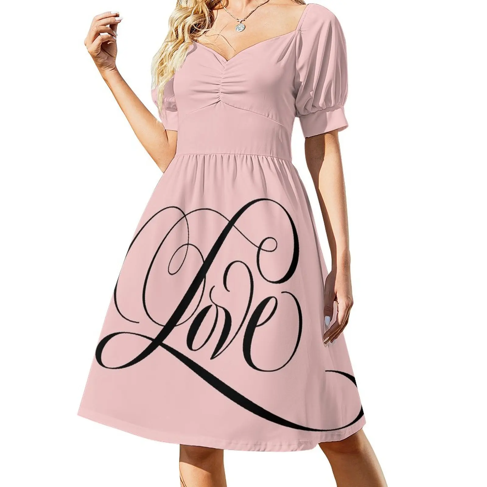 

Romantic Black LOVE Calligraphy Script Lettering Blush Pastel Pink Short Sleeved Dress summer dresses women 2025 Dress