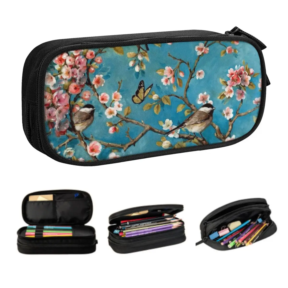 Customized Cute Cute Birds Cherry Blossom Flowers Pencil Cases for Large Capacity Parrot Bird Pencil Box School Supplies