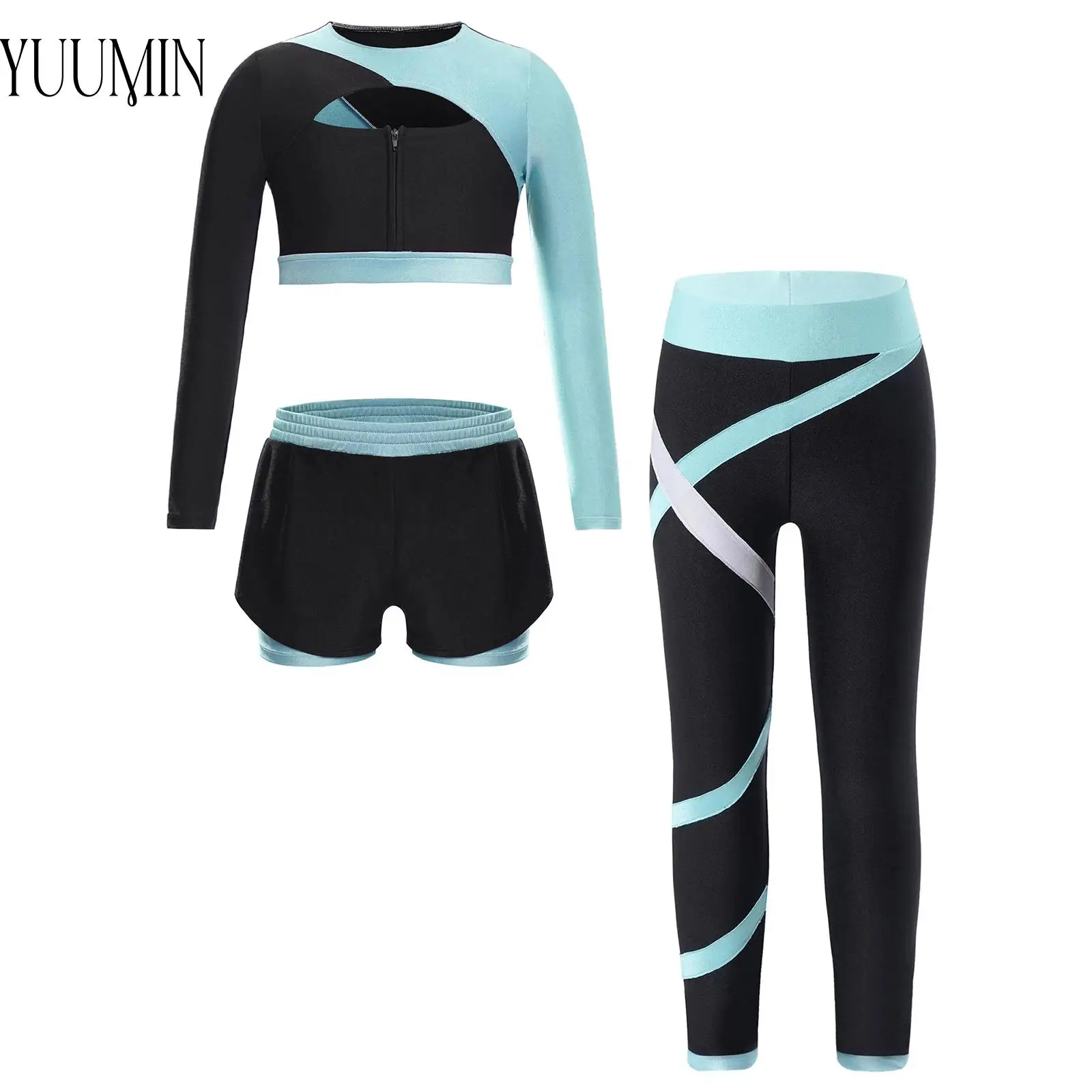 

Kids Girls Color Block Sports Suit Long Sleeve Crop Top with Leggings And Shorts for Workout Exercise Yoga Running Active Wear