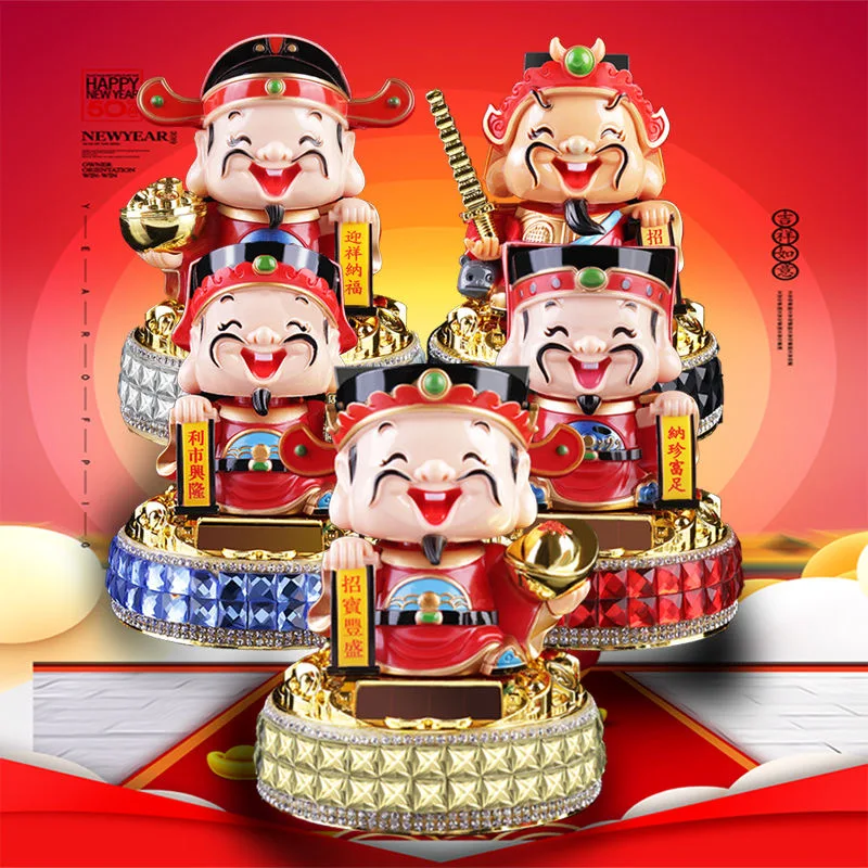 Solar Nodding God Of Wealth Figurine Feng Shui Home and Room Decoration God Of Fortune Statue Mascot Ornaments Car Accessories