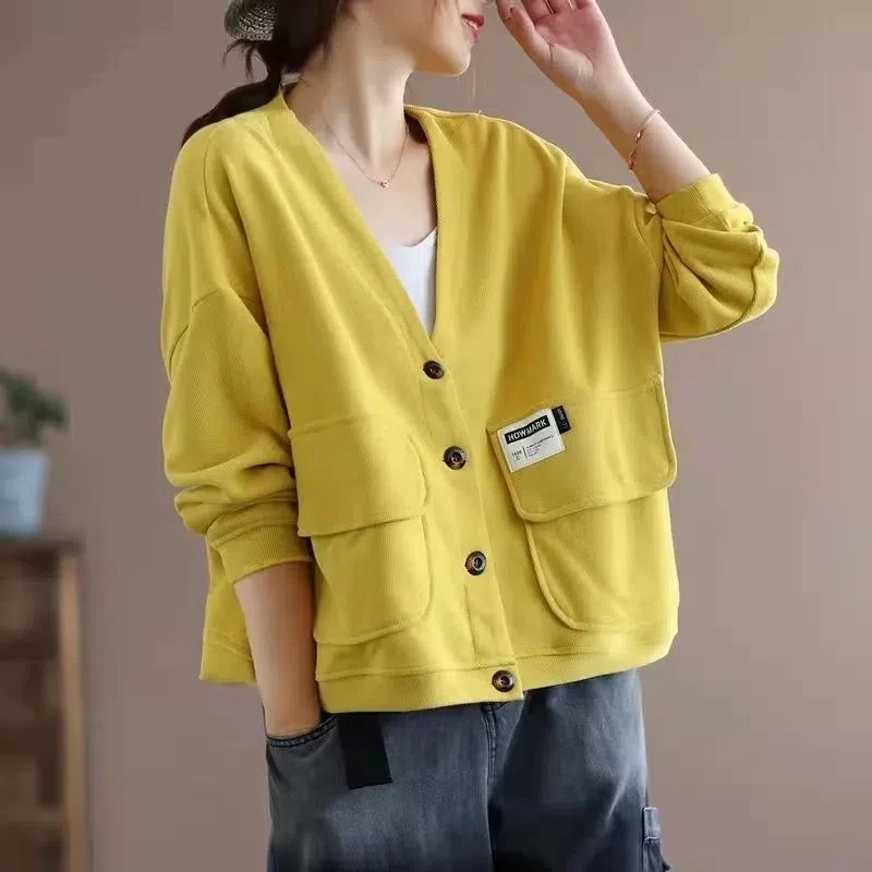 

MEXZT Vintage Harajuku Loose Sweatshirt Women Fall Fashion V-Neck Casual Y2k Tops Korean Long Sleeve All-match Female Outwear