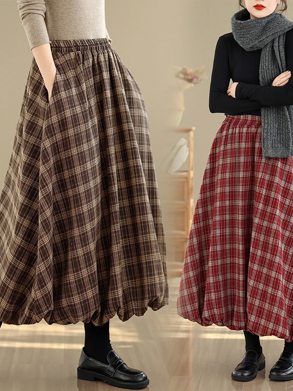 

High Waist Plaid Midi Skirt Women's plus Size Versatile Retro Sle A-Line Skirt for Casual Wear Autumn Winter Season