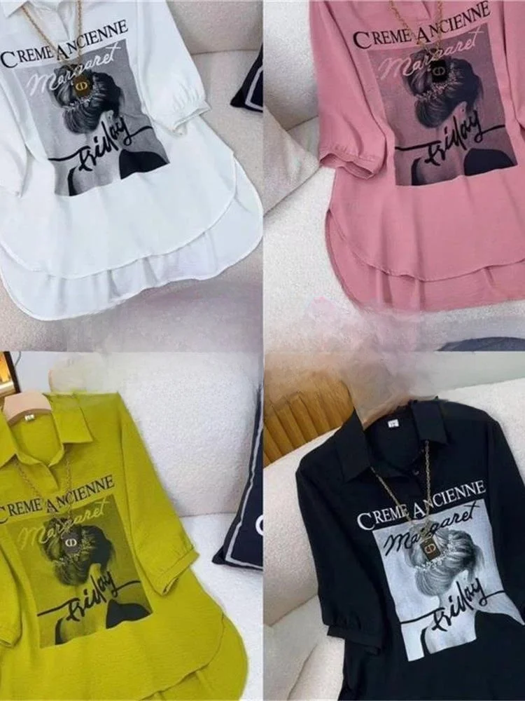 Loose Printed  Neck Mid-Length Shirt Women's Casual Outerwear T-shirt plus Size Slimming Summer European Style
