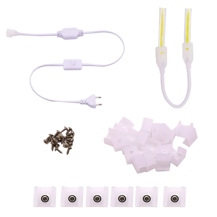 Connecteur de bande LED COB 220V, fiche EU 2 broches, sans zone sombre, connecteur en forme de L, clip de fixation pour bande, accessoire de fixation pour éclairage, pince de fixation, fiche de queue