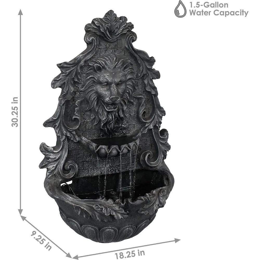 Lion Head 30-Inch Polystone Solar Wall Water Fountain with Battery Backup