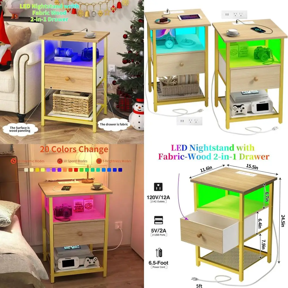 

2-Piece LED Nightstands with Charging Ports, USB & Outlets, Fabric-Wood Drawer, Space-Saving Wooden Side Tables for Bedrooms