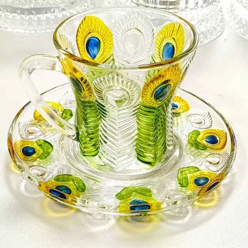 Colorful peacock-design coffee cups with matching saucers, and a cool peacock-shaped crystal glass water cup for your home