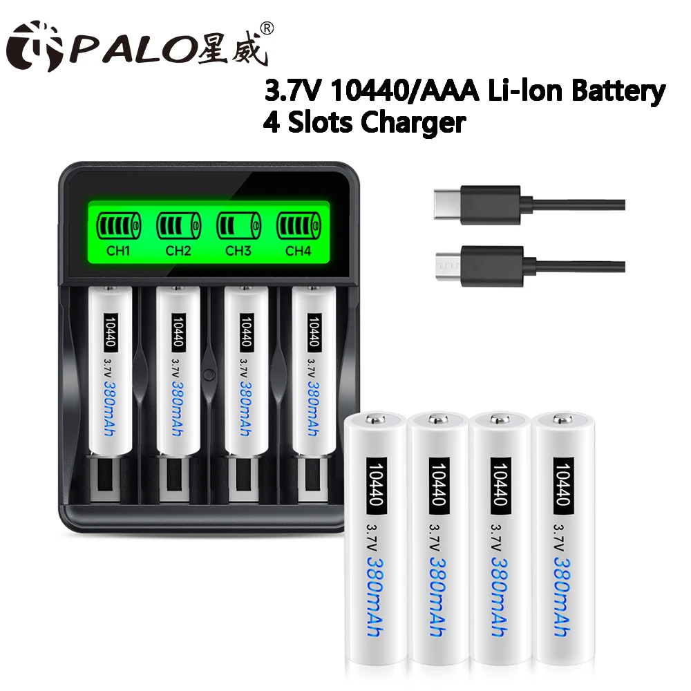 

Аккумулятор PALO 3.7V 10440, 380 мАч, перезаряжаемая литиевая батарея 10440, перезаряжаемые литий-ионные батареи типа ААА с зарядным устройством USB на 4 слота