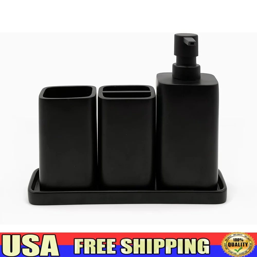 

Набор аксессуаров для ванной комнаты из матовой черной смолы, диспенсер для лосьона, держатель для зубных щеток, поднос для туалетного столика, стакан, органайзер на столешнице